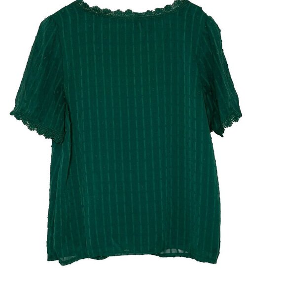 Farysays Top sz L V Neck Sheer Lined Crochet Trim Forest Fairy Dark Green - Picture 2 of 7